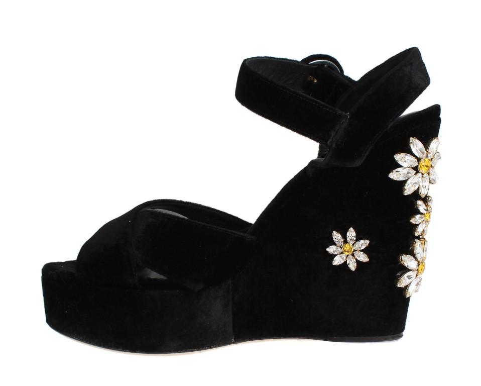 Black Velvet Crystal Wedges Sandals