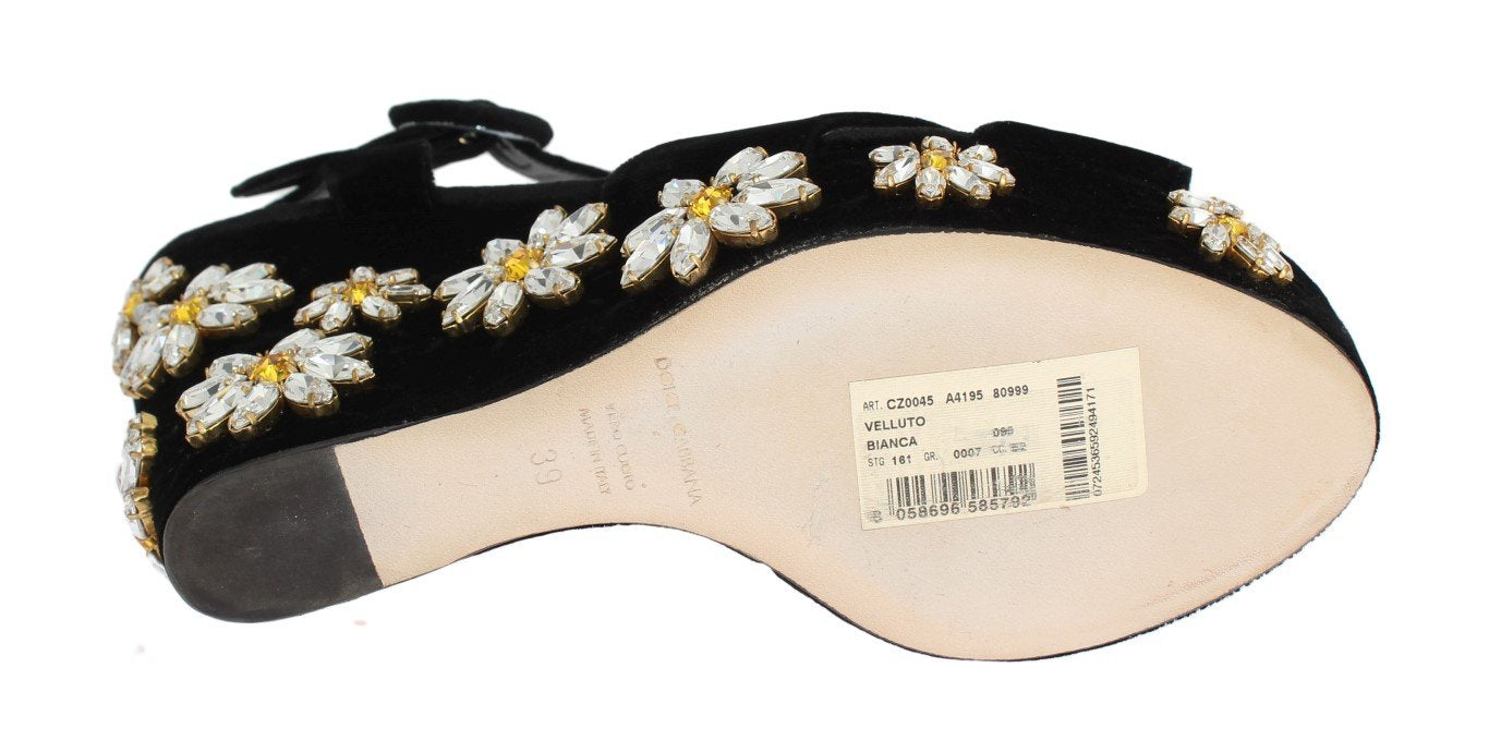 Black Velvet Crystal Wedges Sandals