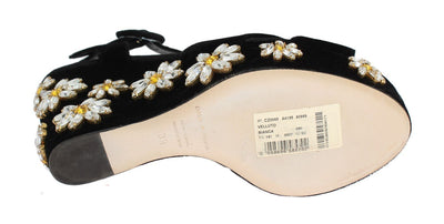 Black Velvet Crystal Wedges Sandals