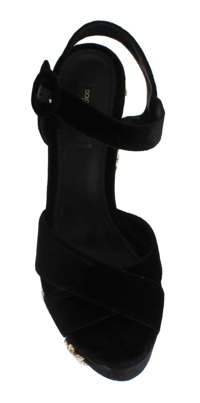 Black Velvet Crystal Wedges Sandals