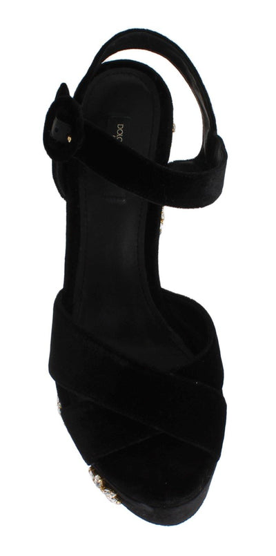 Black Velvet Crystal Wedges Sandals