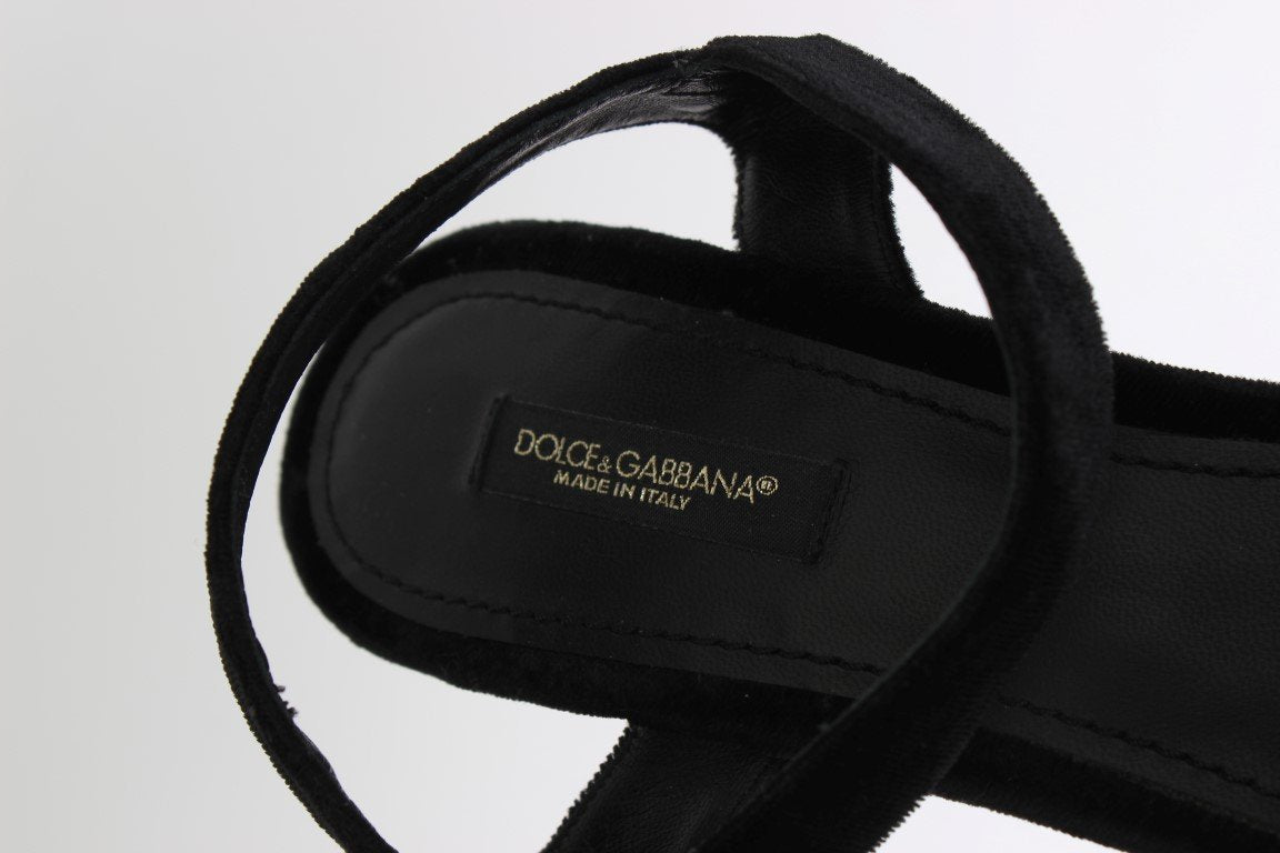 Black Velvet Crystal Wedges Sandals