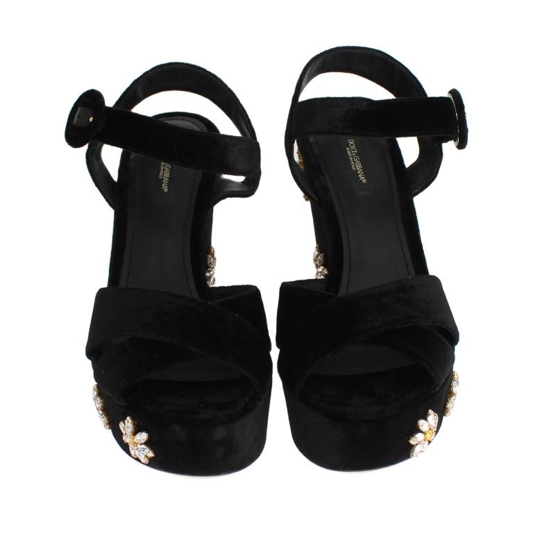 Black Velvet Crystal Wedges Sandals