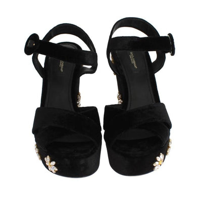Black Velvet Crystal Wedges Sandals