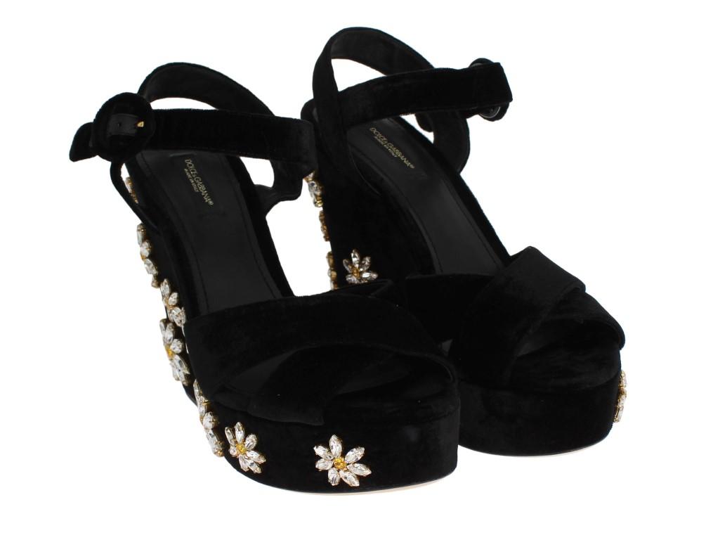 Black Velvet Crystal Wedges Sandals