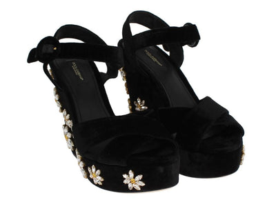 Black Velvet Crystal Wedges Sandals