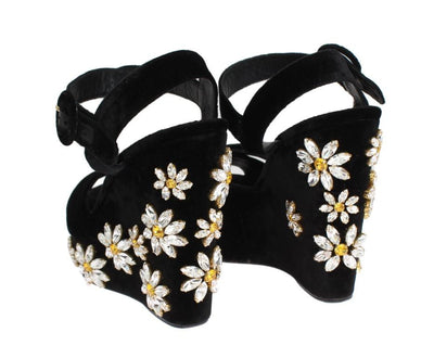 Black Velvet Crystal Wedges Sandals