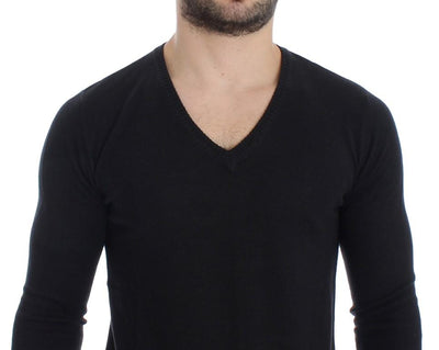 Black Wool Blend Mens V-neck Pullover Sweater