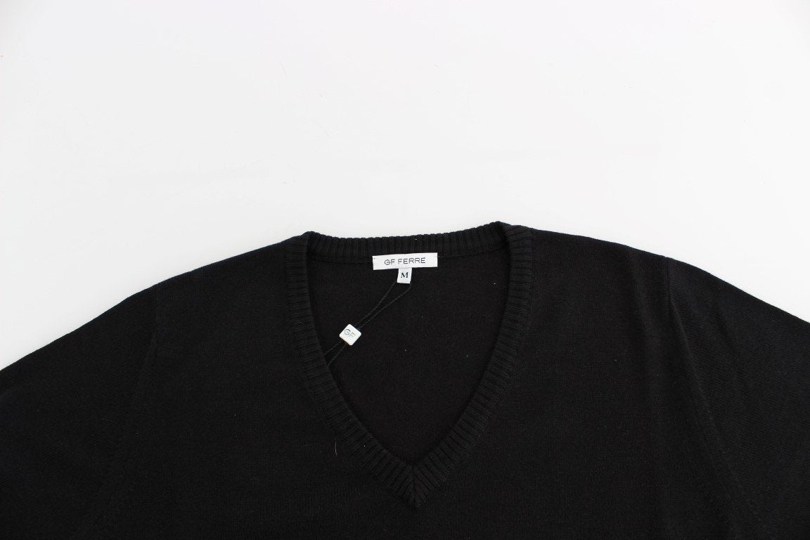 Black Wool Blend Mens V-neck Pullover Sweater
