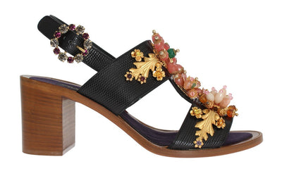 Black Leather Crystal Sandal Shoes
