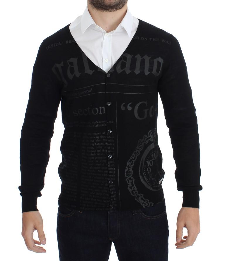 Black Wool Button Down Logo Cardigan
