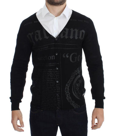 Black Wool Button Down Logo Cardigan