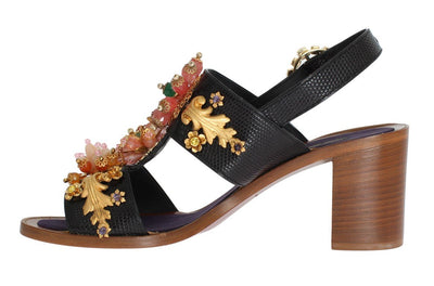 Black Leather Crystal Sandal Shoes