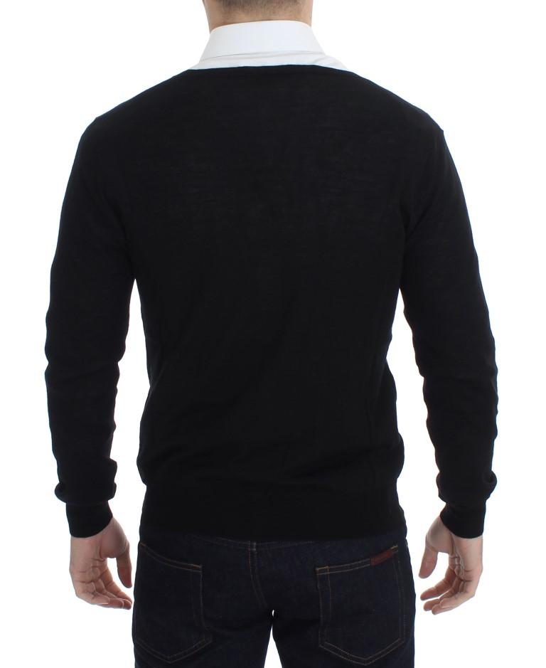Black Wool Button Down Logo Cardigan