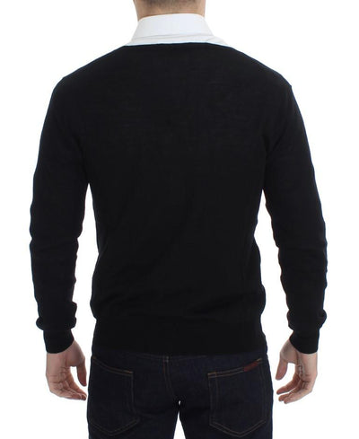 Black Wool Button Down Logo Cardigan