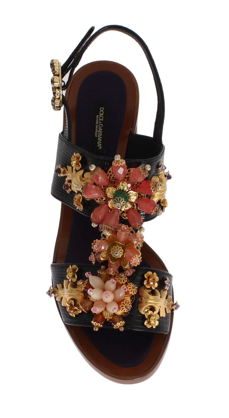 Black Leather Crystal Sandal Shoes