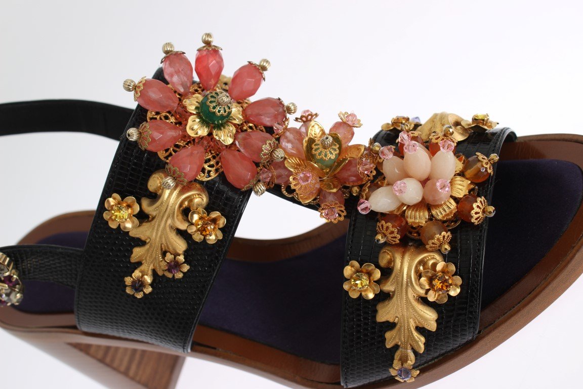 Black Leather Crystal Sandal Shoes