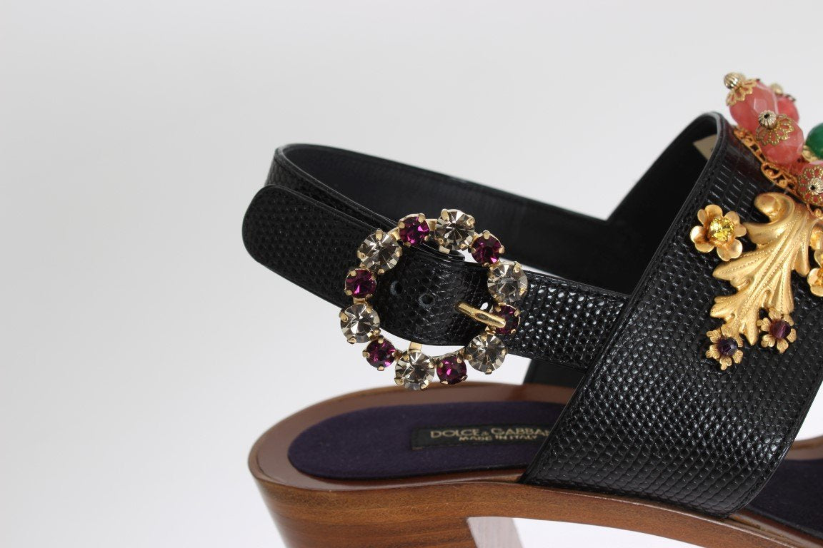 Black Leather Crystal Sandal Shoes