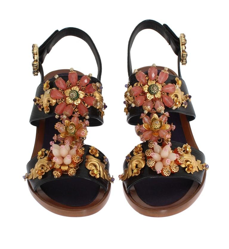 Black Leather Crystal Sandal Shoes