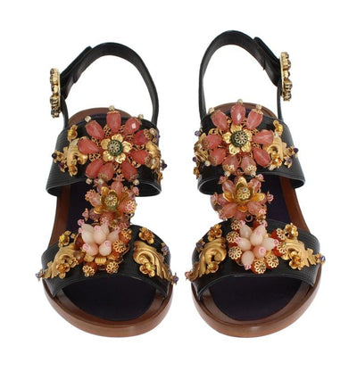 Black Leather Crystal Sandal Shoes