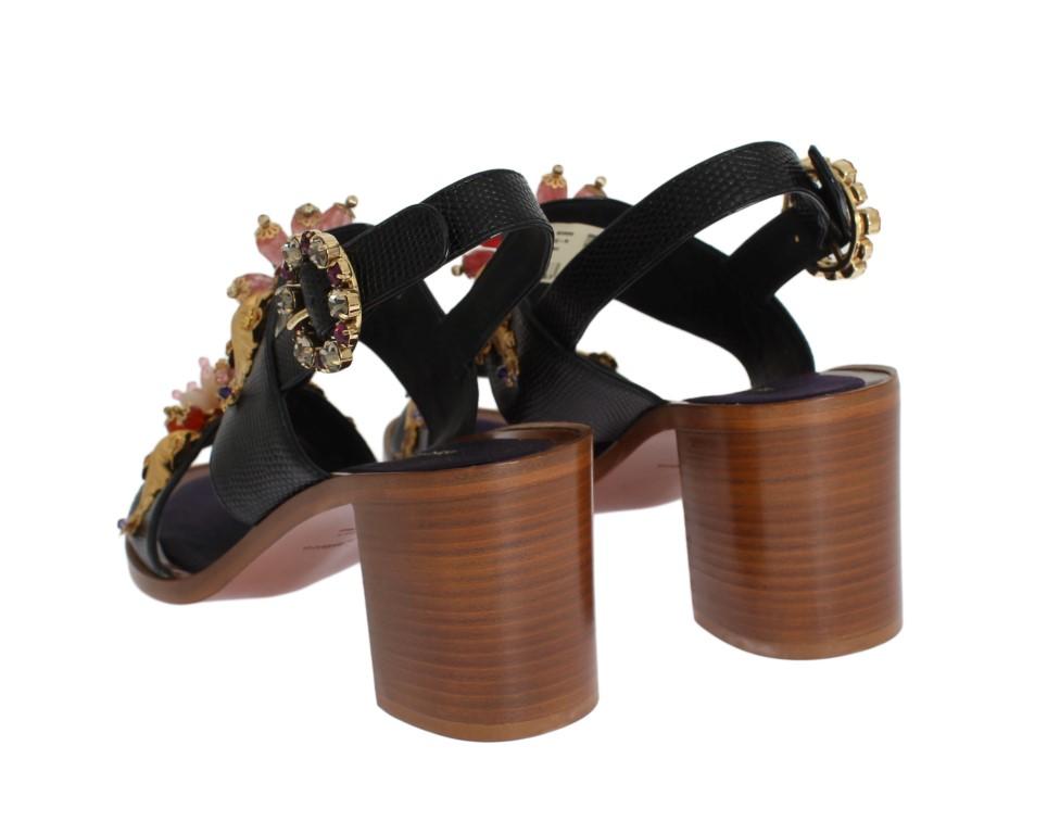 Black Leather Crystal Sandal Shoes