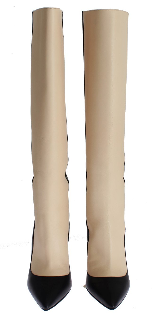 Black Beige Leather Heels Stilettos Boots