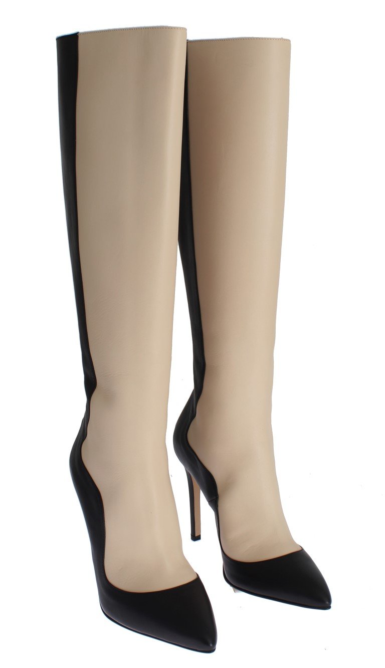 Black Beige Leather Heels Stilettos Boots