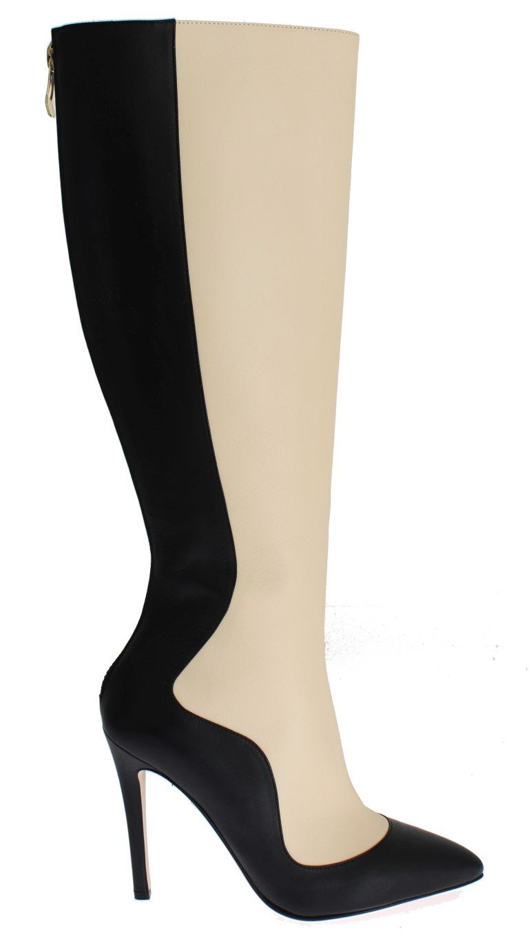 Black Beige Leather Heels Stilettos Boots