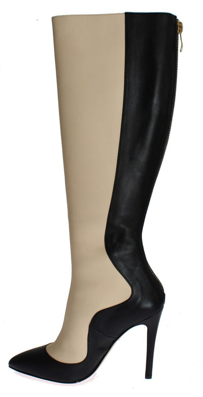 Black Beige Leather Heels Stilettos Boots