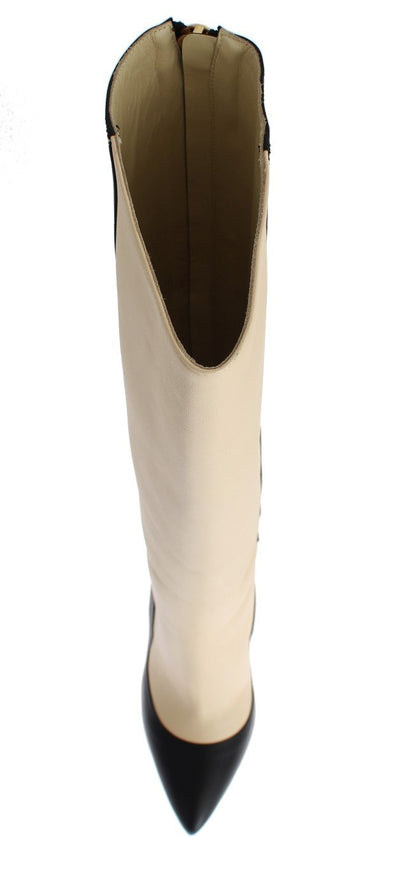 Black Beige Leather Heels Stilettos Boots