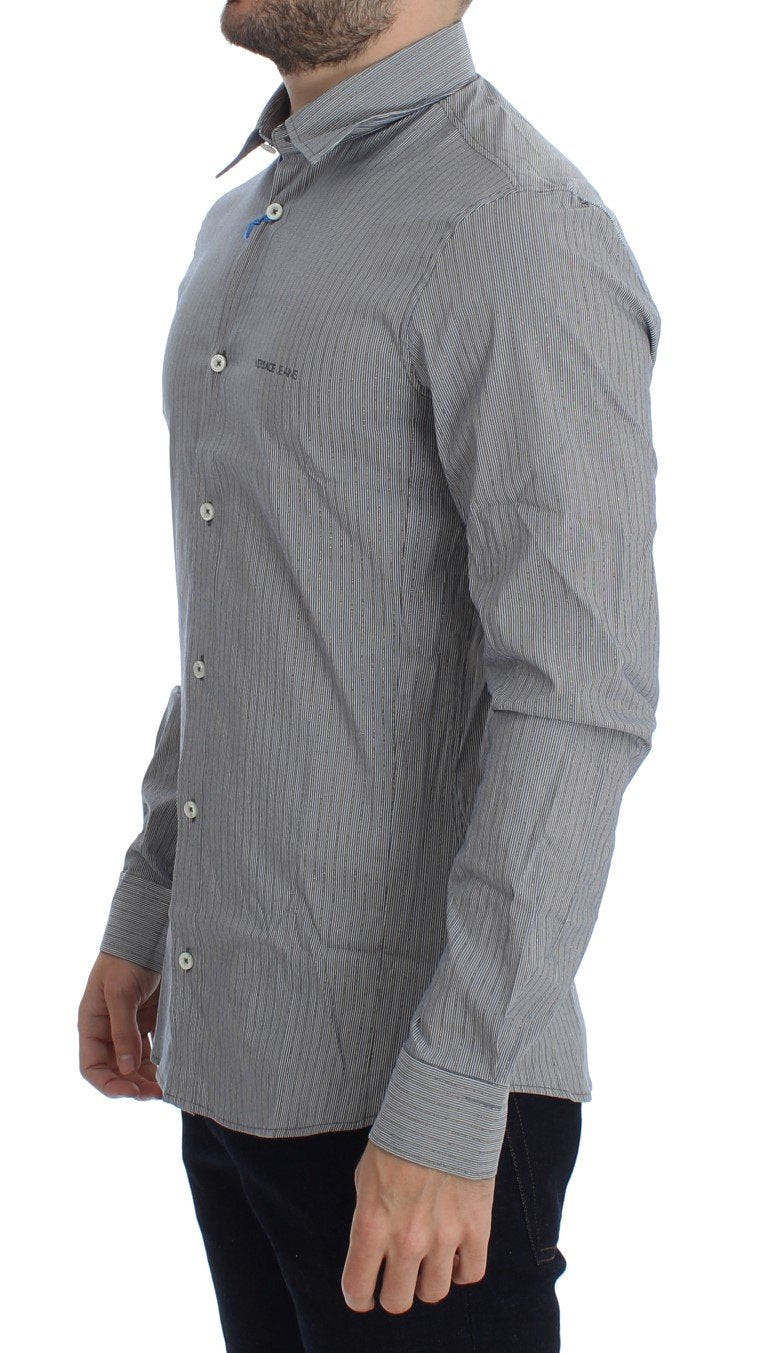 Gray Striped Slim Fit Cotton Shirt