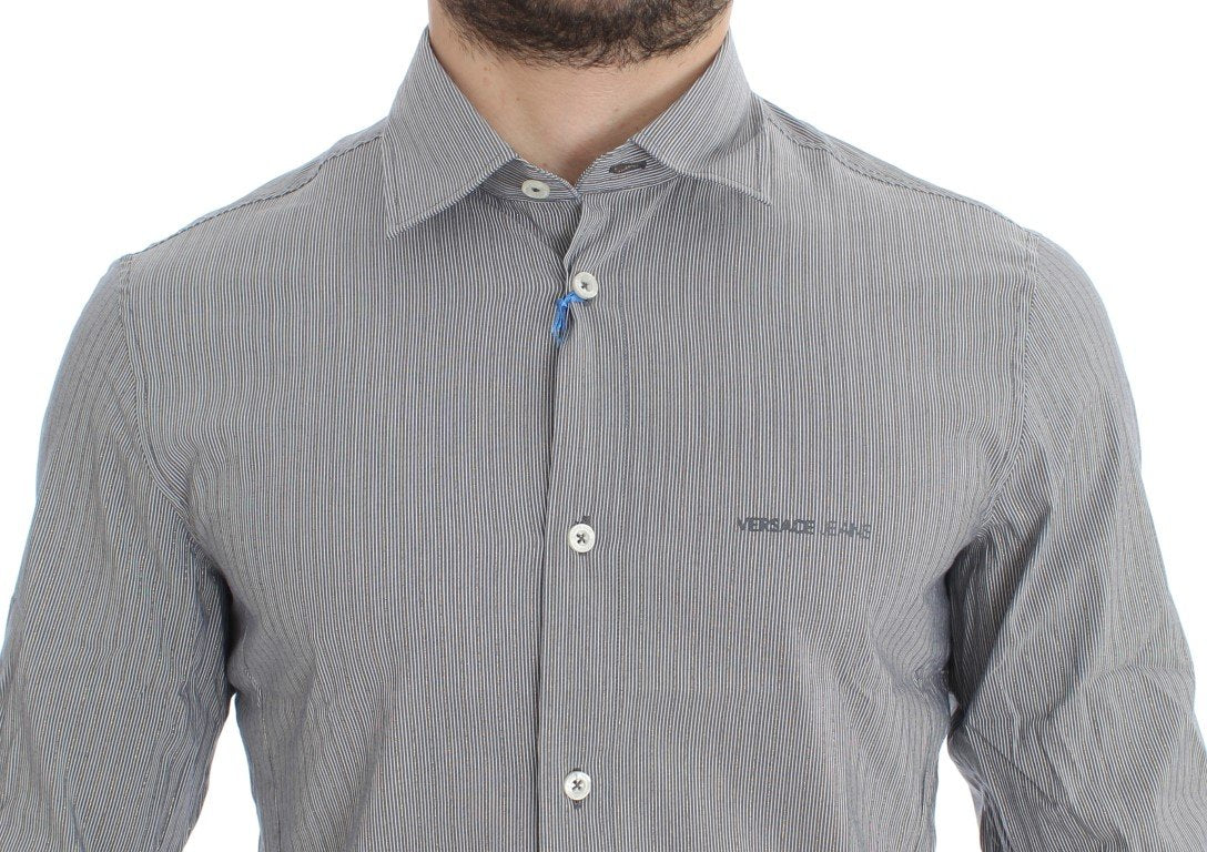 Gray Striped Slim Fit Cotton Shirt