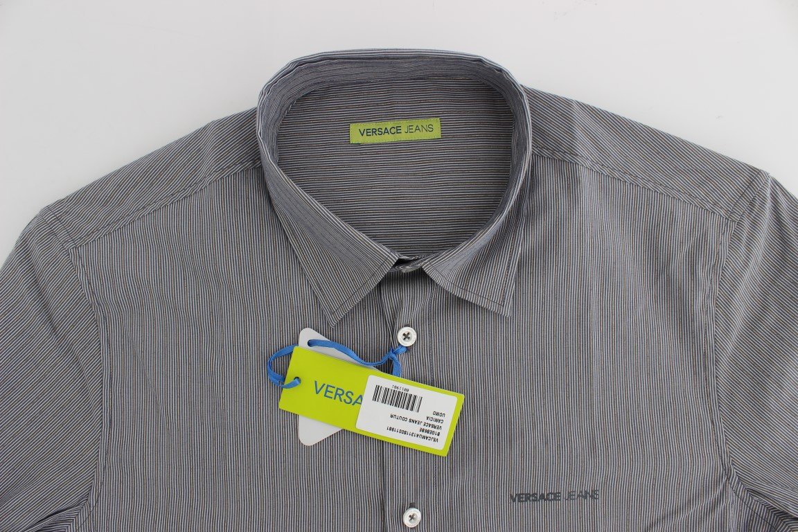 Gray Striped Slim Fit Cotton Shirt