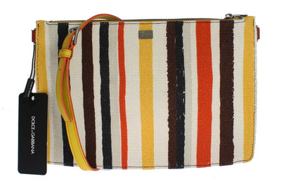 Multicolor Striped Linen Leather Organizer Hand Bag