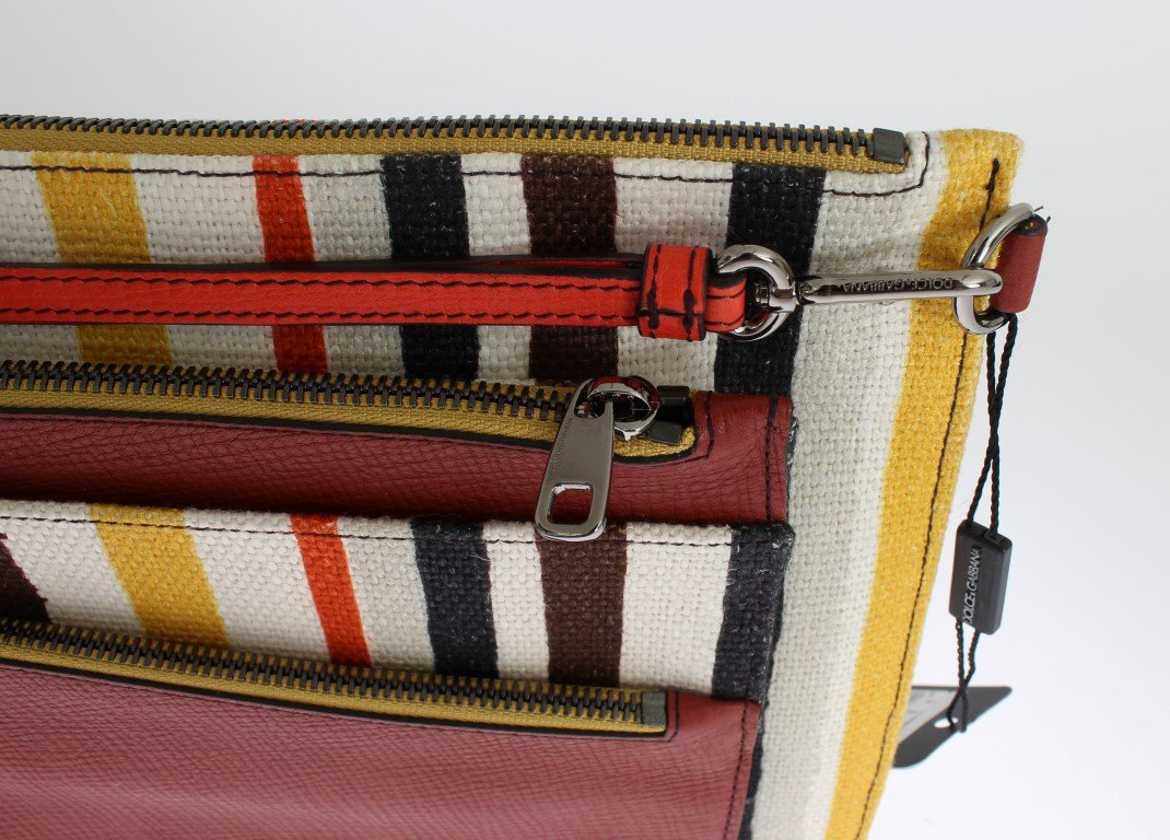 Multicolor Striped Linen Leather Organizer Hand Bag