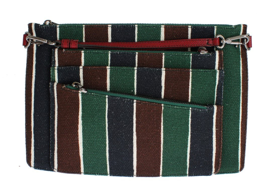 Multicolor Striped Linen Leather Organizer Hand Bag