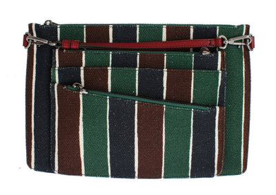 Multicolor Striped Linen Leather Organizer Hand Bag