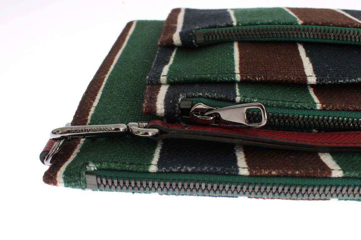 Multicolor Striped Linen Leather Organizer Hand Bag