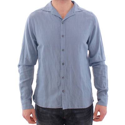Blue Linen Cotton Blend Casual Dress Shirt