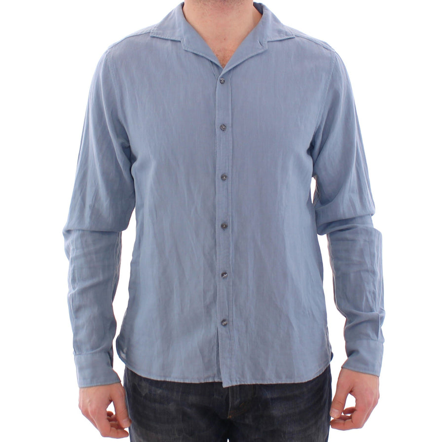Blue Linen Cotton Blend Casual Dress Shirt