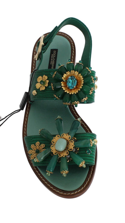 Green Leather Crystal Sandals