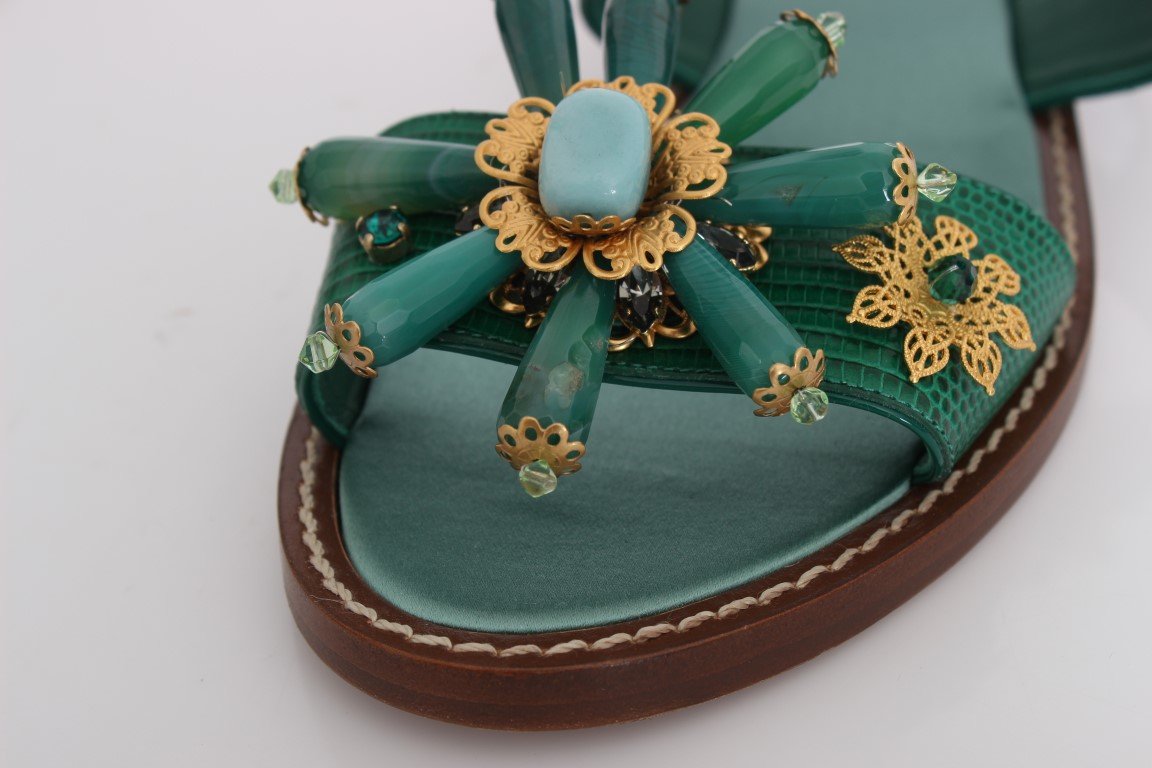 Green Leather Crystal Sandals