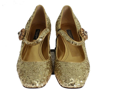 Gold Sequined Crystal Mary Janes Shoes