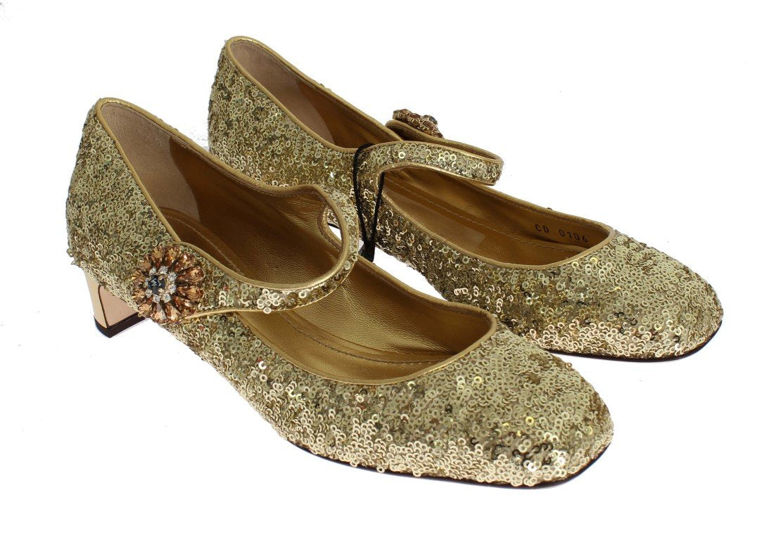 Gold Sequined Crystal Mary Janes Shoes