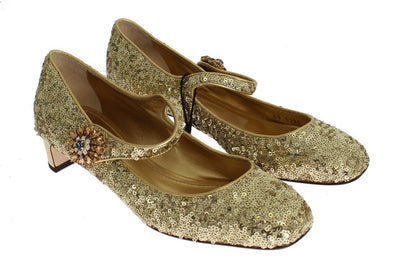 Gold Sequined Crystal Mary Janes Shoes