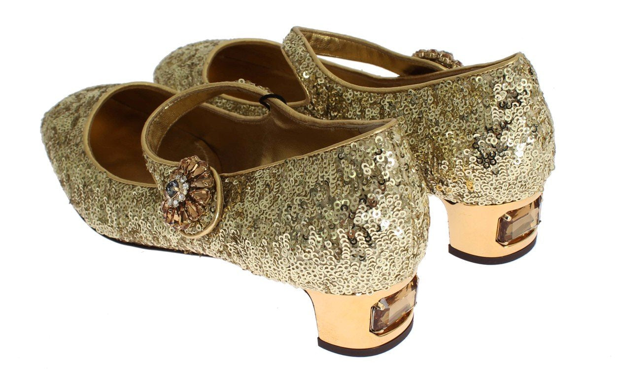 Gold Sequined Crystal Mary Janes Shoes