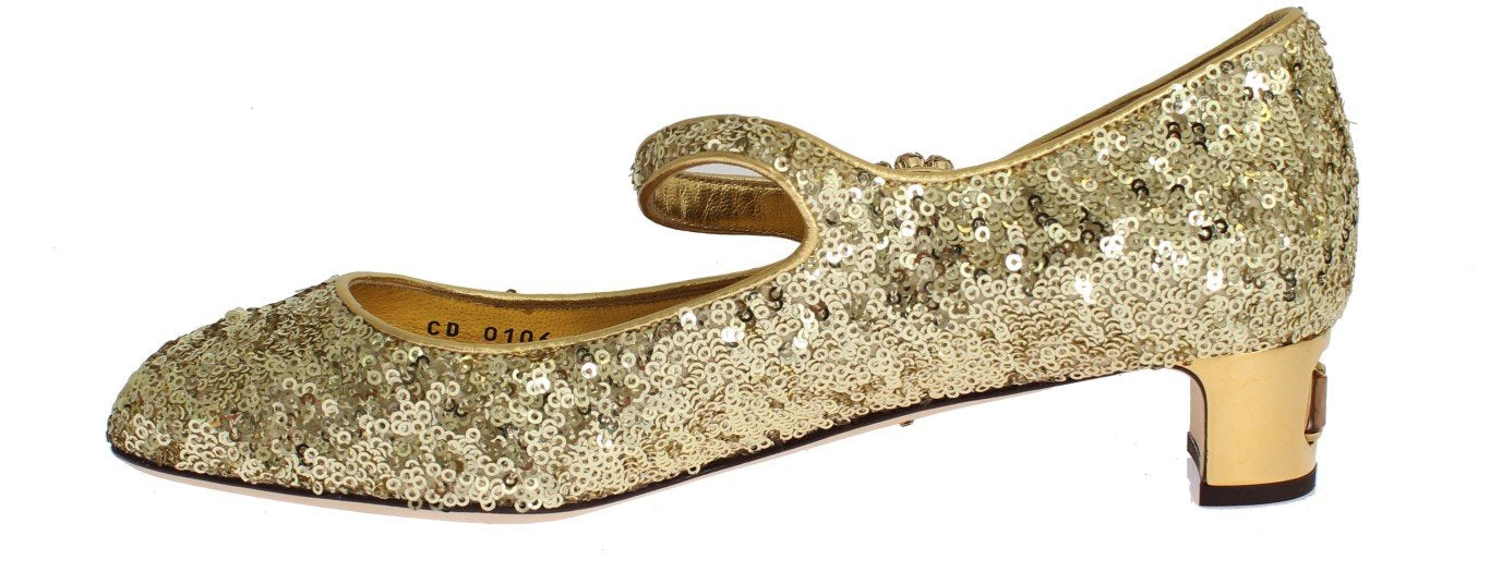 Gold Sequined Crystal Mary Janes Shoes