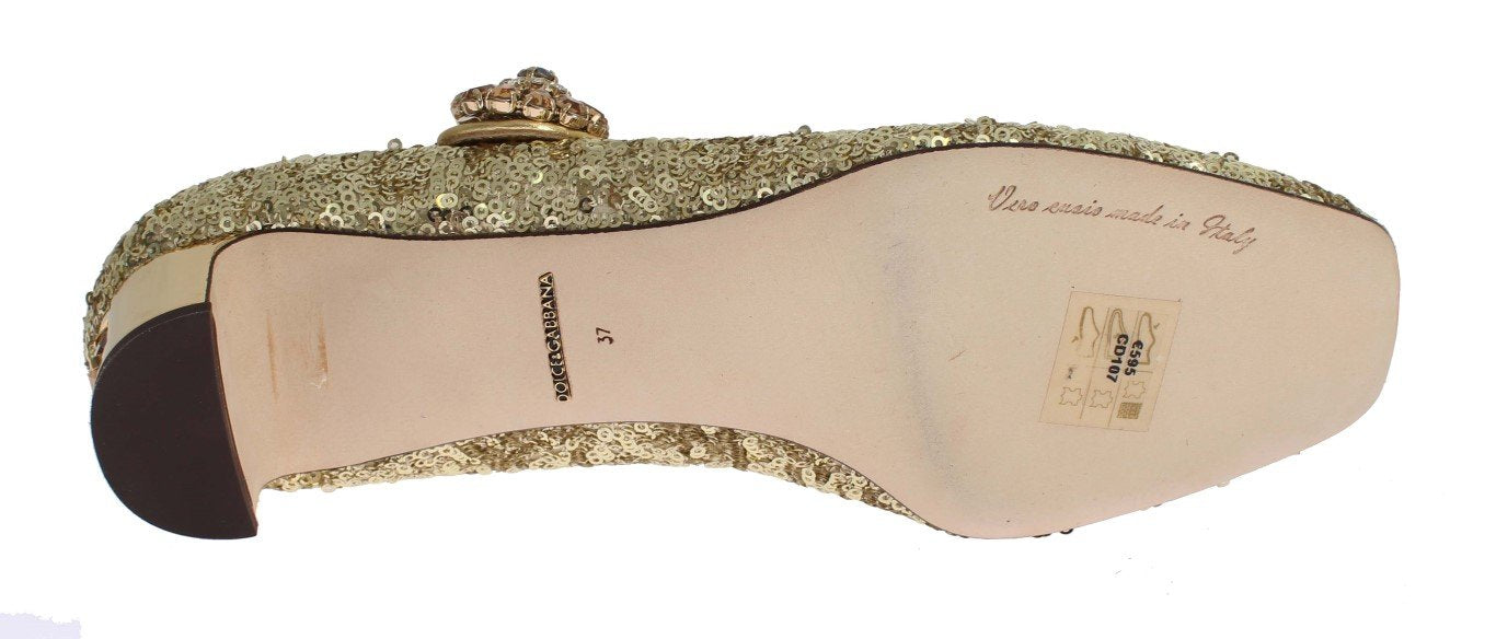 Gold Sequined Crystal Mary Janes Shoes