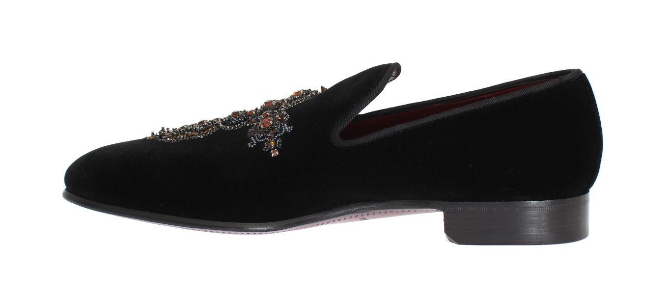 Black Velvet Crystal Cross Loafers
