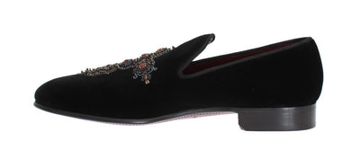 Black Velvet Crystal Cross Loafers